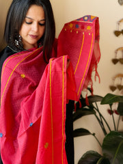 Peachish Pink Lambani Handwork Dupatta with Self in Pure Handwoven Cotton