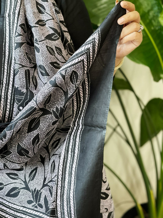 Black Handmade Reverse Nakshi Kantha Stole in Pure Silk