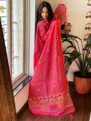 Peachish Pink Lambani Handwork Dupatta with Self in Pure Handwoven Cotton