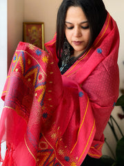 Peachish Pink Lambani Handwork Dupatta with Self in Pure Handwoven Cotton