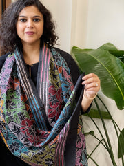 Black Handmade Reverse Nakshi Kantha Stole in Pure Silk
