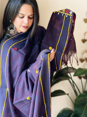 Bluish Purple Lambani Handwork Dupatta with Self in Pure Handwoven Cotton