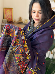 Bluish Purple Lambani Handwork Dupatta with Self in Pure Handwoven Cotton