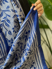 Blue Handmade Reverse Nakshi Kantha Stole in Pure Silk