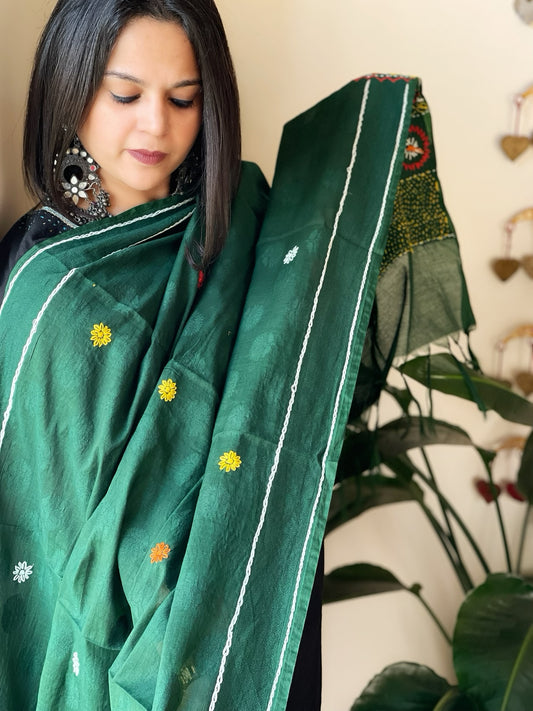 Green Lambani Handwork Dupatta with Self in Pure Handwoven Cotton