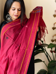 Maroon Lambani Handwork Dupatta with Self in Pure Handwoven Cotton