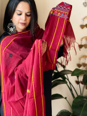 Maroon Lambani Handwork Dupatta with Self in Pure Handwoven Cotton