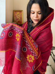 Maroon Lambani Handwork Dupatta with Self in Pure Handwoven Cotton