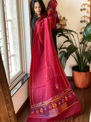 Maroon Lambani Handwork Dupatta with Self in Pure Handwoven Cotton