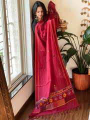 Maroon Lambani Handwork Dupatta with Self in Pure Handwoven Cotton