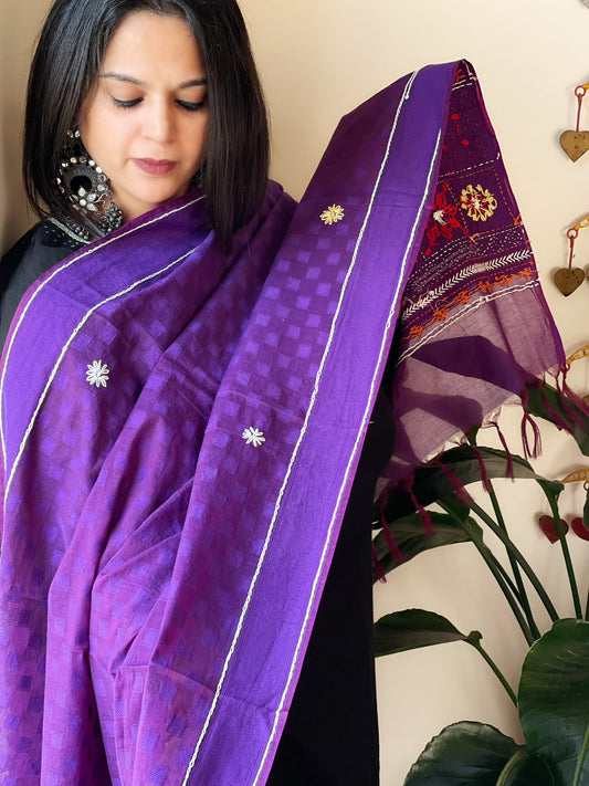 Purple Lambani Handwork Dupatta with Self in Pure Handwoven Cotton