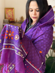 Purple Lambani Handwork Dupatta with Self in Pure Handwoven Cotton