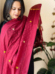 Maroon Lambani Handwork Dupatta with Self in Pure Handwoven Cotton