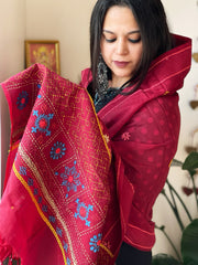 Maroon Lambani Handwork Dupatta with Self in Pure Handwoven Cotton