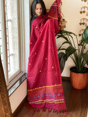 Maroon Lambani Handwork Dupatta with Self in Pure Handwoven Cotton