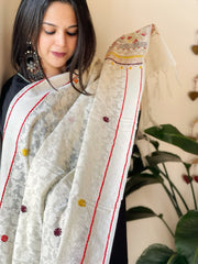 Off-white Lambani Handwork Dupatta with Self in Pure Handwoven Cotton