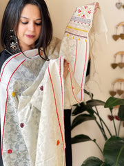 Off-white Lambani Handwork Dupatta with Self in Pure Handwoven Cotton