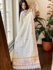 Off-white Lambani Handwork Dupatta with Self in Pure Handwoven Cotton