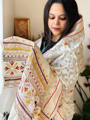 Off-white Lambani Handwork Dupatta with Self in Pure Handwoven Cotton