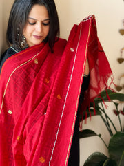 Red Lambani Handwork Dupatta with Self in Pure Handwoven Cotton