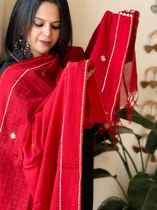 Red Lambani Handwork Dupatta with Self in Pure Handwoven Cotton