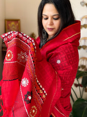 Red Lambani Handwork Dupatta with Self in Pure Handwoven Cotton