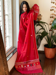 Red Lambani Handwork Dupatta with Self in Pure Handwoven Cotton