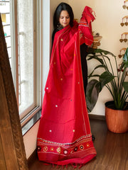 Red Lambani Handwork Dupatta with Self in Pure Handwoven Cotton