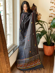 Black Lambani Handwork Dupatta with Self in Pure Handwoven Cotton