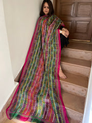 Green, Pink Handmade Kantha Dupatta in Silk
