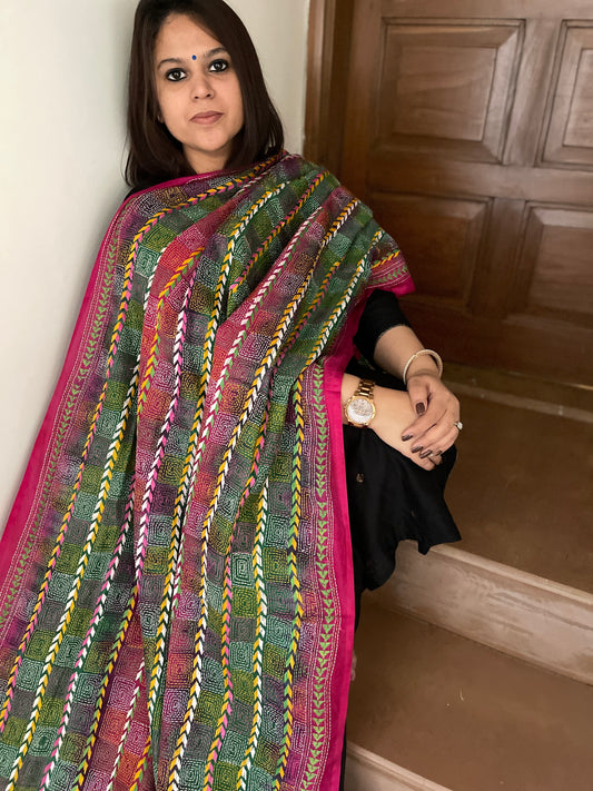 Green, Pink Handmade Kantha Dupatta in Silk