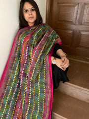 Green, Pink Handmade Kantha Dupatta in Silk