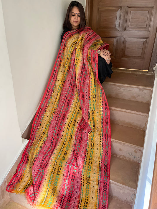 Yellow, Red Handmade Kantha Dupatta in Silk