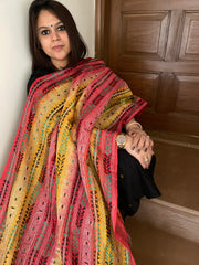 Yellow, Red Handmade Kantha Dupatta in Silk