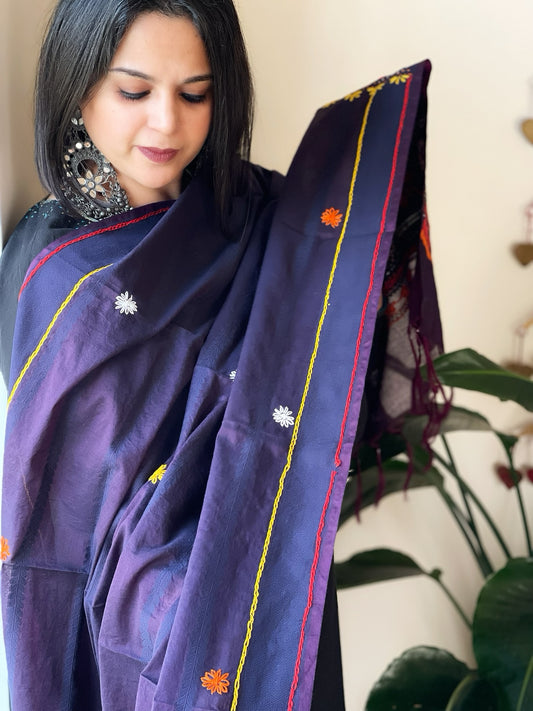 Bluish Purple Lambani Handwork Dupatta with Self in Pure Handwoven Cotton