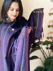 Bluish Purple Lambani Handwork Dupatta with Self in Pure Handwoven Cotton