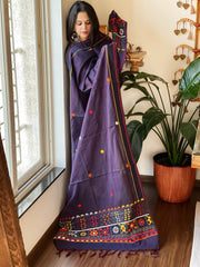 Bluish Purple Lambani Handwork Dupatta with Self in Pure Handwoven Cotton