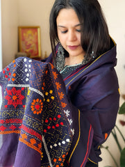 Bluish Purple Lambani Handwork Dupatta with Self in Pure Handwoven Cotton