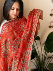 Orange Chinon Printed Bandhej Dupatta with Gold Thread & Sequin Embroidery