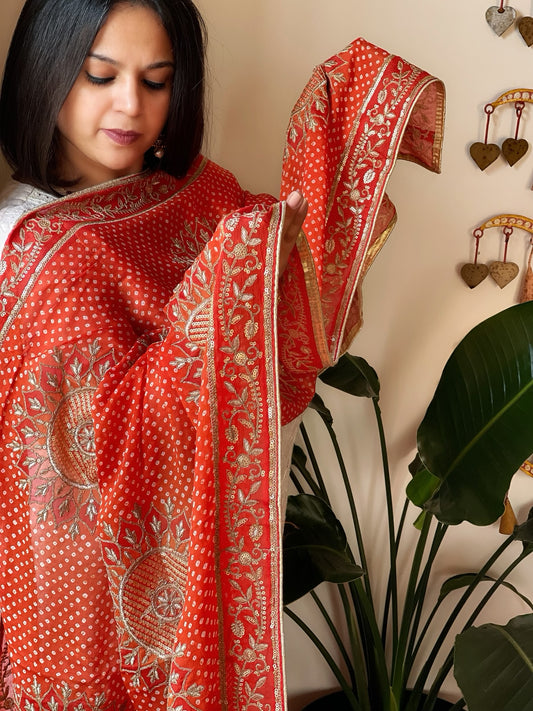 Orange Chinon Printed Bandhej Dupatta with Gold Thread & Sequin Embroidery