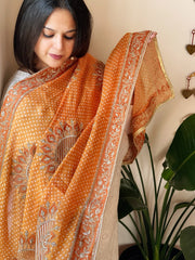 Mango Yellow Chinon Printed Bandhej Dupatta with Gold Thread & Sequin Embroidery