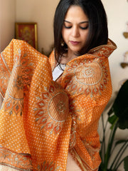 Mango Yellow Chinon Printed Bandhej Dupatta with Gold Thread & Sequin Embroidery