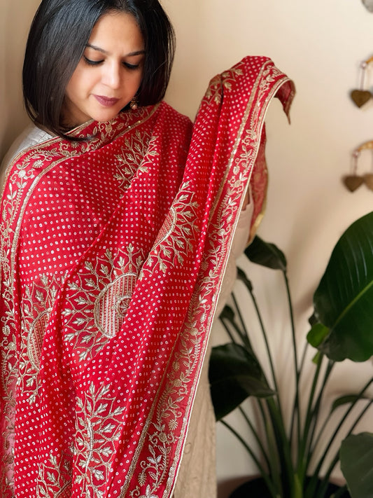 Red Chinon Printed Bandhej Dupatta with Gold Thread & Sequin Embroidery