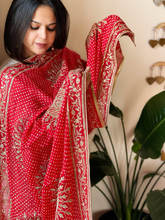 Red Chinon Printed Bandhej Dupatta with Gold Thread & Sequin Embroidery