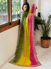 Pink, Yellow, Green Crepe Dupatta with Mirror and Cut Daana Work with Gota Lace Border