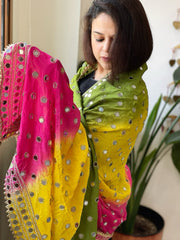 Pink, Yellow, Green Crepe Dupatta with Mirror and Cut Daana Work with Gota Lace Border