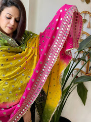 Pink, Yellow, Green Crepe Dupatta with Mirror and Cut Daana Work with Gota Lace Border
