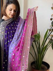 Pink, Purple, Lavender Crepe Dupatta with Mirror and Cut Daana Work with Gota Lace Border
