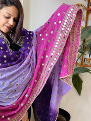 Pink, Purple, Lavender Crepe Dupatta with Mirror and Cut Daana Work with Gota Lace Border