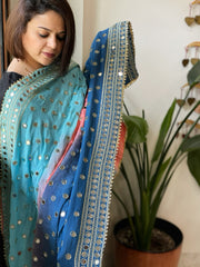 Teal, Peach, Sky Crepe Dupatta with Mirror and Cut Daana Work with Gota Lace Border